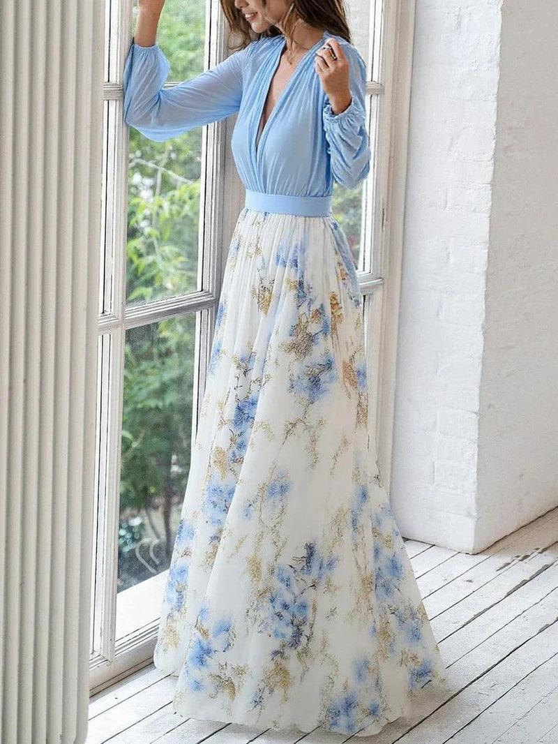 Abito Maxi con Stampa Floreale e Scollo a V