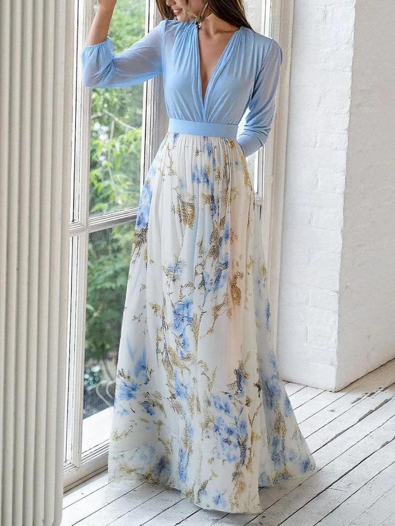 Abito Maxi con Stampa Floreale e Scollo a V