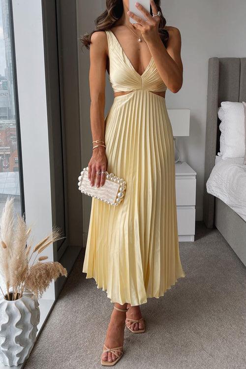 Abito Maxi Scollo a V Senza Maniche con Cut-Out in Vita e Plissé