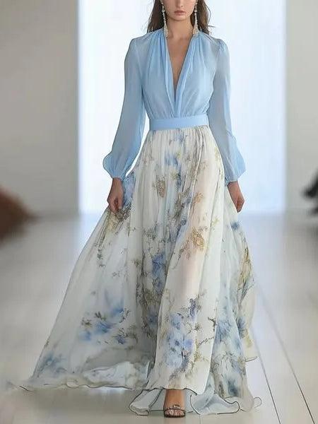 Abito Maxi con Stampa Floreale e Scollo a V