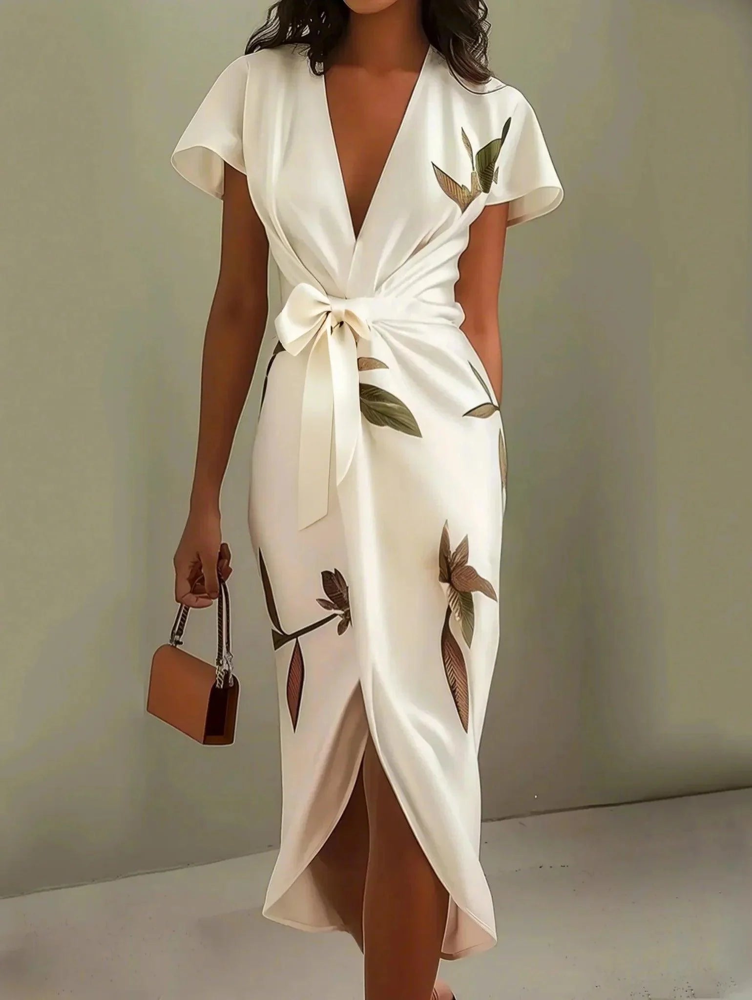 Abito Midi in Satin Bianco a Stampa Foglie con Maniche Corte