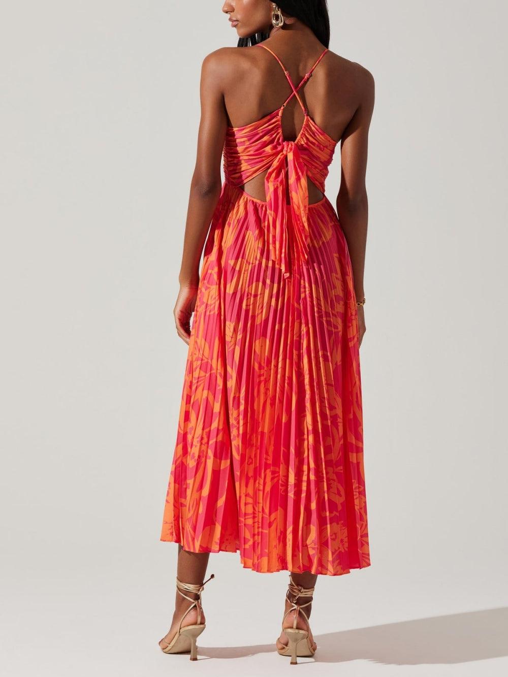 Abito Midi Elegante con Stampa Floreale e Plissé