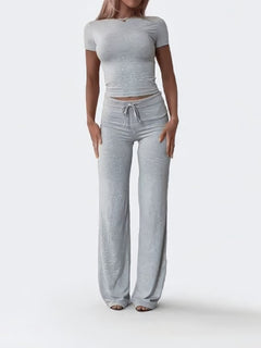 Women's Solid Color Sports Set with Pants and Round - Neck Top - Luxe Atire