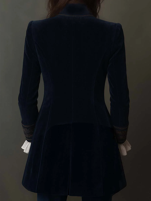 Giacca Lunga Vintage in Velluto di Poliestere Blu Navy con Ricami