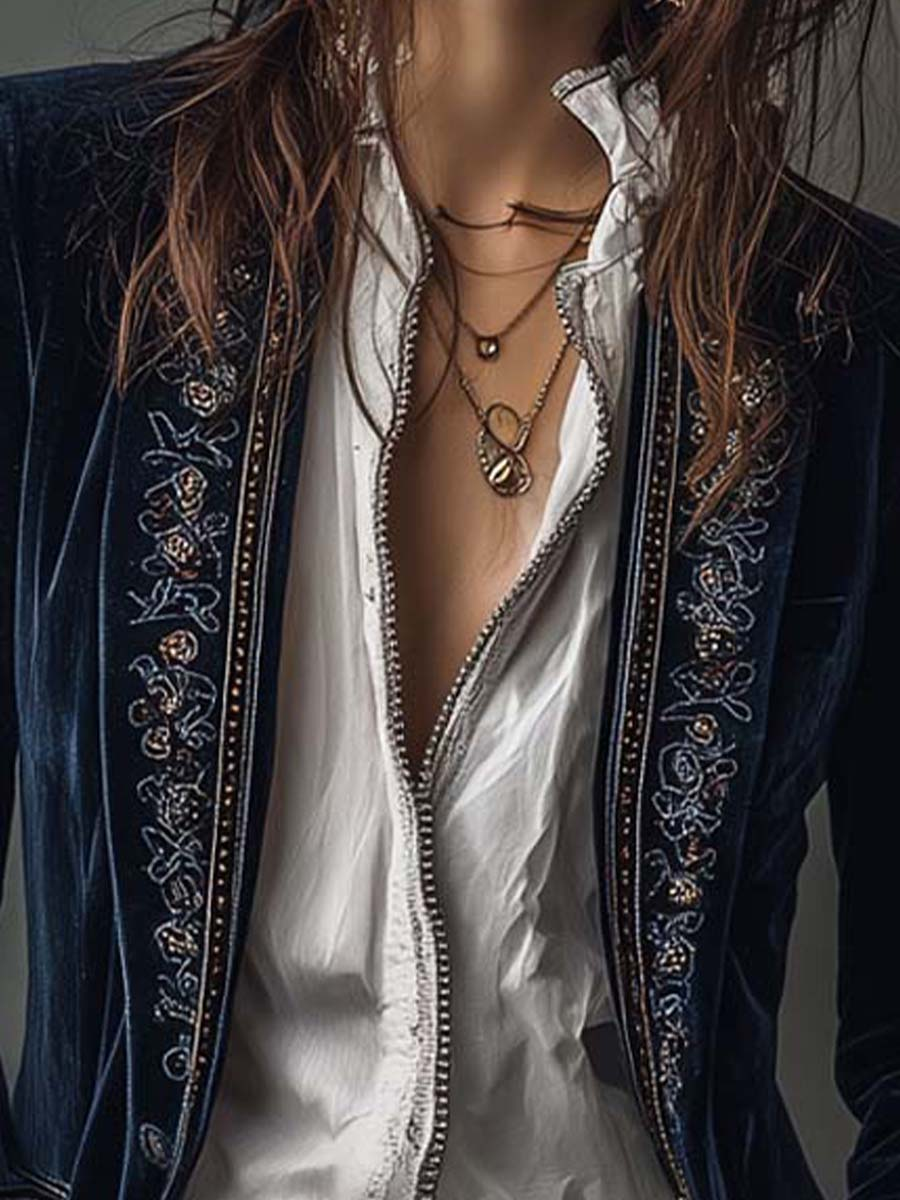 Giacca Lunga Vintage in Velluto di Poliestere Blu Navy con Ricami