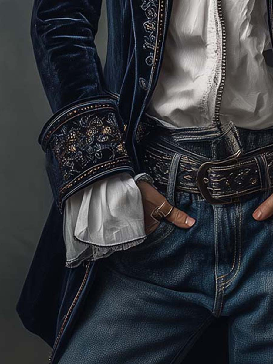 Giacca Lunga Vintage in Velluto di Poliestere Blu Navy con Ricami