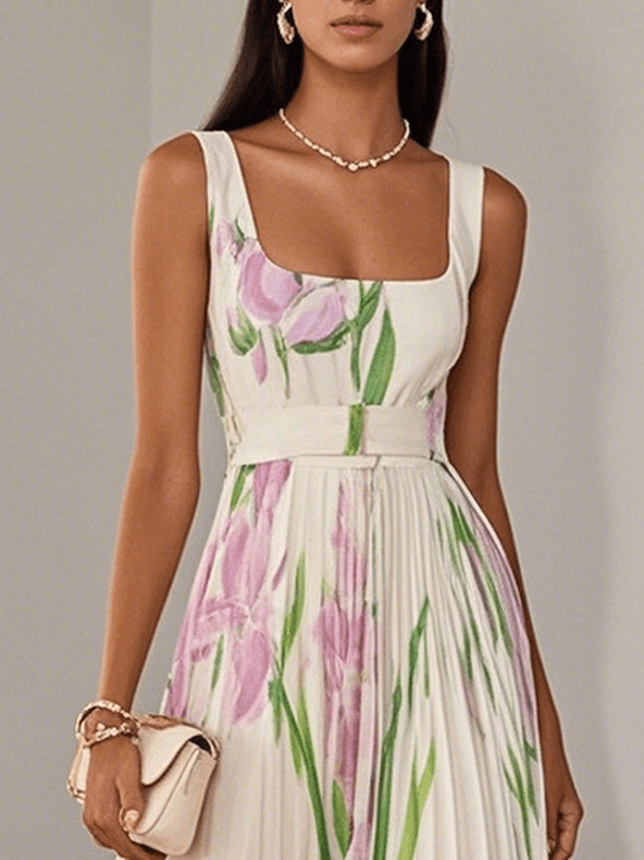 Abito Maxi in Chiffon Bianco Plissettato Floreale Scollo Quadrato Senza Maniche