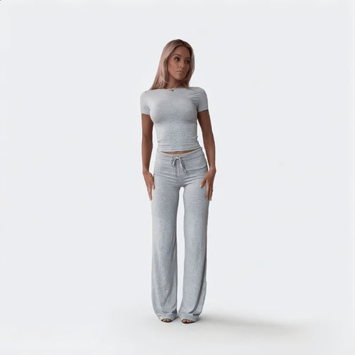 Women's Solid Color Sports Set with Pants and Round - Neck Top - Luxe Atire