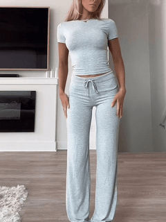 Women's Solid Color Sports Set with Pants and Round - Neck Top - Luxe Atire